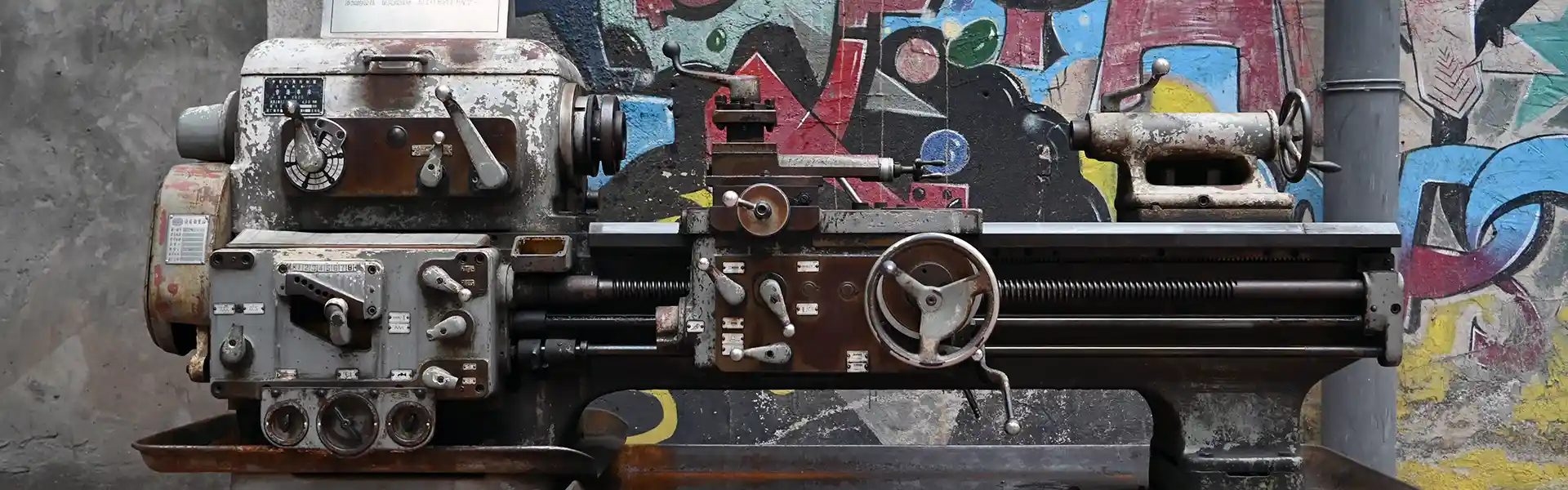 Tour de mécanique hors service dans un atelier, avant enlèvement pour recyclage